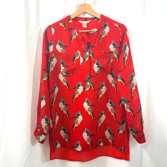 Banana Republic Tops - Banana Republic Red Parakeet Print Blouse – Long Sleeve, Sheer, Size: XS
